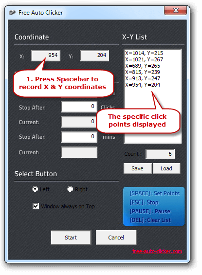 Click Points on Free Auto Clicker