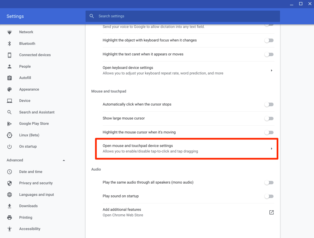 Open mouse and touchpad device settings Under Mosue and Touchpad Setting in Chromebook