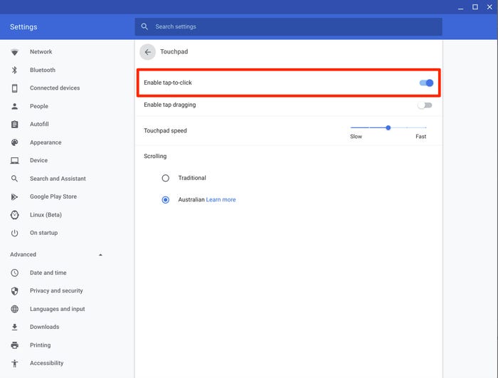 Enable Tap to Click In Chromebook Setting