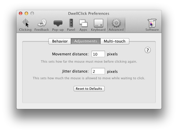 DwellClick Advanced Adjustment Preferences