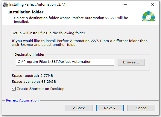 Select Destination Folder for Installing Perfect Automation v2.7.1