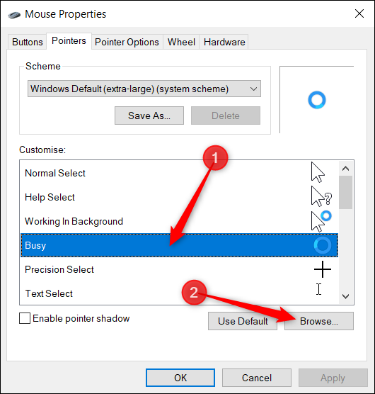 Mouse Properties > Pointer > Customize