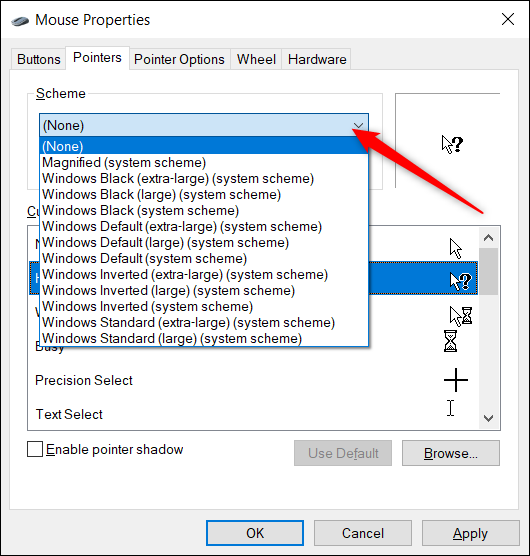 Mouse Properties > Pointer > Schemes