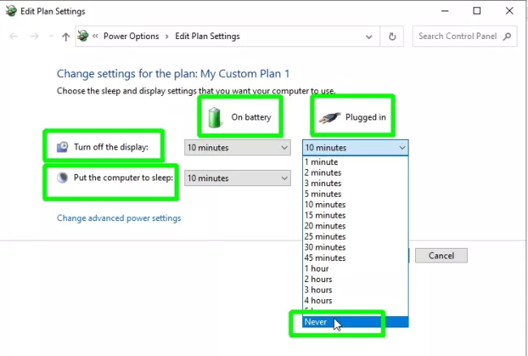 Power Options > Edit plan -Control Panel